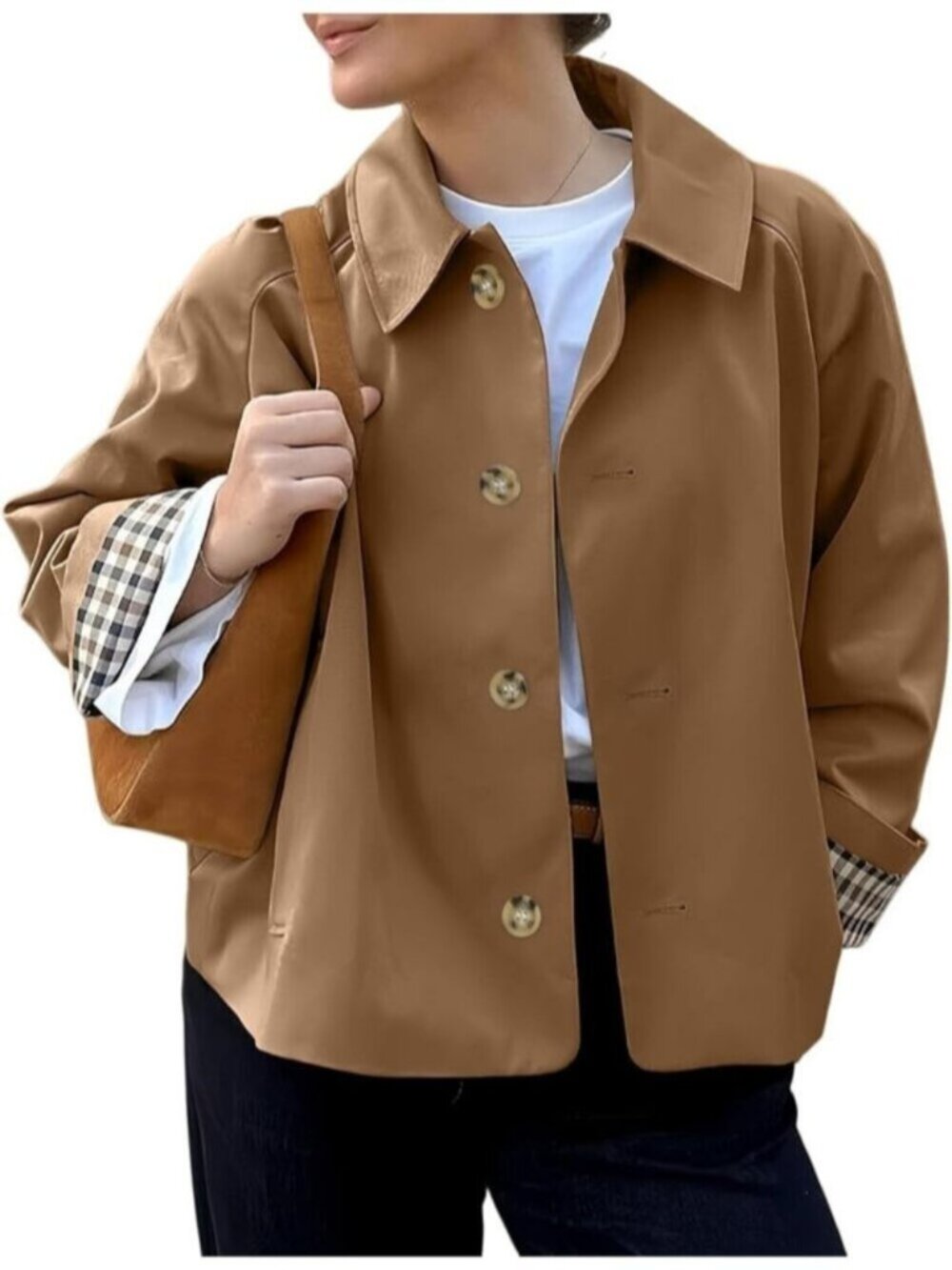 Women Khaki Cropped Plaid Cuff Button Front Single Breasted Lining Trench Coat